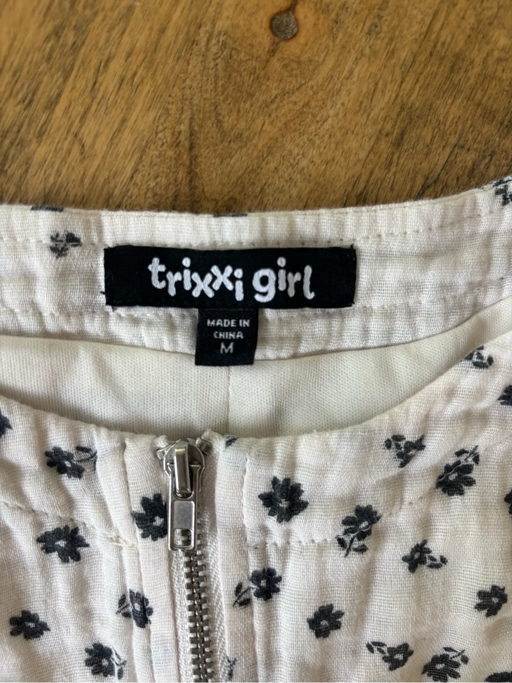 Trixxi Girl Cream Zip up Linen Muslin Bomber Jacket with Black Floral Print